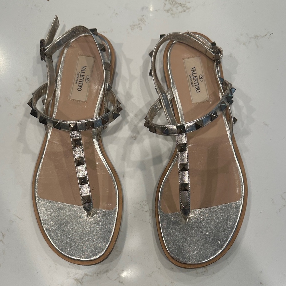 Valentino Metallic Silver Studded Sandals